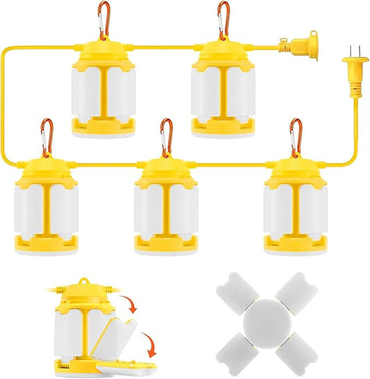 50FT Construction String Lights, 150W LED Industrial Grade 3 Adjustable Light Panels 15000LM Super Bright for Construction Sites,Temporary Work, Jobsite,Outdoor Lighting with 5 Bulbs and Climbing Hook