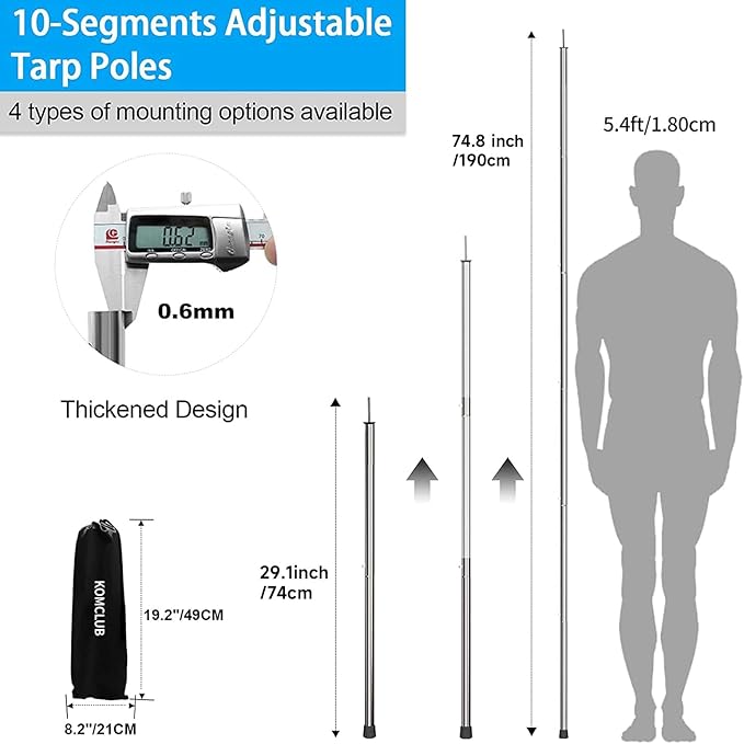 KOMCLUB Telescoping Tent Poles - Adjustable Heavy Duty Camping Poles - Thickened Stainless Steel - Set of 2 - For Tarp, Awning, Canopy, Beach Shelter, Sun Sails