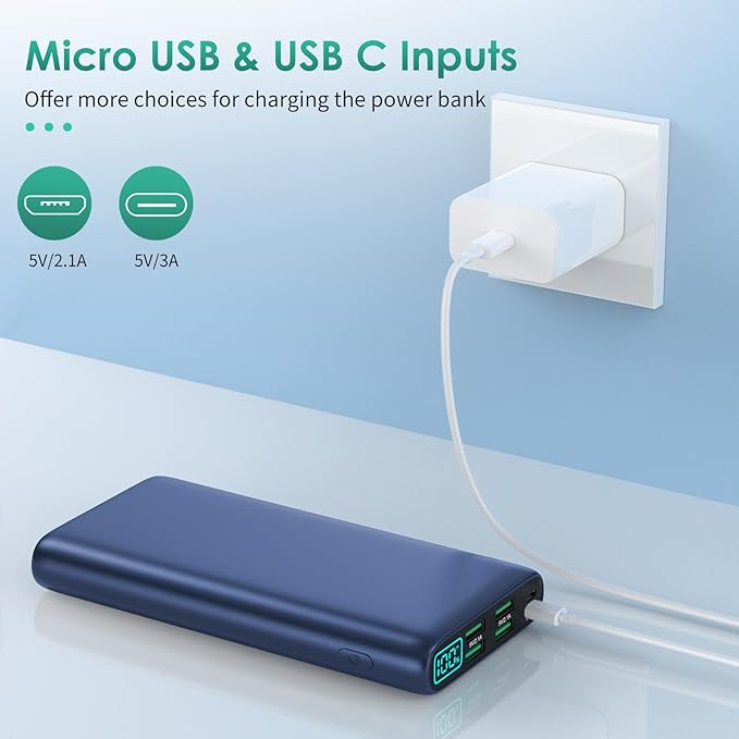 Portable Charger 38800mAh,LCD Display Power Bank,5 USB Outputs Battery Pack Backup,USB-C in&out Dual Input Phone Charging Compatible with iPhone 16/15/14/13 Pro,Android Samsung Galaxy Pixel Nexus-Blue