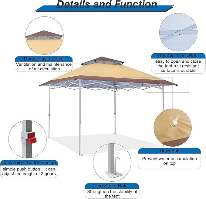 MASTERCANOPY 13x13 Pop-Up Canopy Tent Instant Shelter Outdoor Canopy with Wheeled Bag (Brown&Khaki)