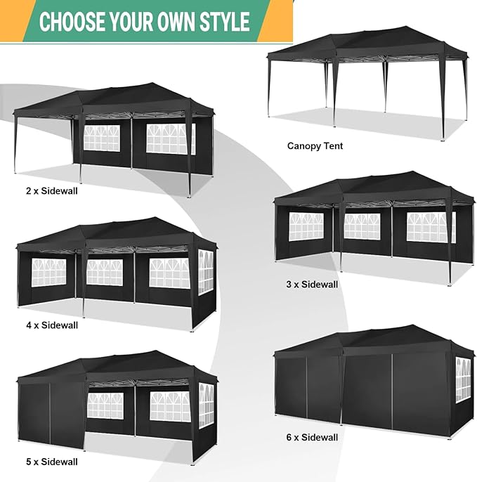COBIZI Canopy 10x20 Pop Up Canopy Tent with 6 Sidewalls Easy Pop Up Tent 10x20 Waterproof Commercial Instant Shelter UPF 50+ Portable Gazebo Wedding Tents for Parties Car Port Vender Events(Black