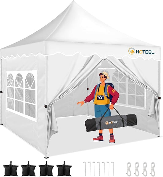 HOTEEL 10×10 Pop Up Canopy with 4 Sidewalls, UV 50+ and Waterproof Canopy Tent 10×10, Thickened Frame, Large Space Easy Pop Up Canopy, Outdoor Canopy for Weddings, Beaches, Parties, Patio (White)