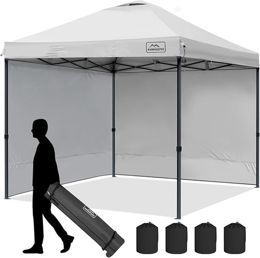 KAMPKEEPER 10x10 Pop Up Canopy Tent with 2 Sidewalls, Beach Tent - Easy Outdoor Sun Shade for Events, Parties, Camping - Gazebo with 4 Weight Bags & Carry Bag.（White）