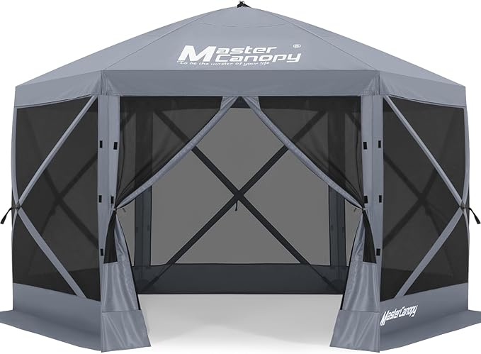 MASTERCANOPY 10x10FT Pop Up Gazebo Screen Tent - Instant Screen House with Netting, Quick Set, Outdoor Canopy Shelter with Carry Bag for Camping, Backyard & Patio (Gray)