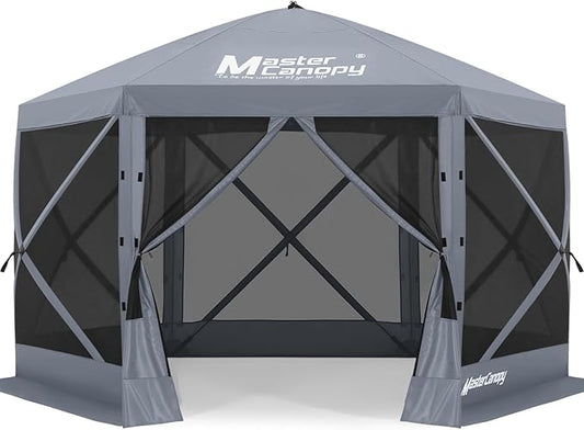 MASTERCANOPY 10x10FT Pop Up Gazebo Screen Tent - Instant Screen House with Netting, Quick Set, Outdoor Canopy Shelter with Carry Bag for Camping, Backyard & Patio (Gray)
