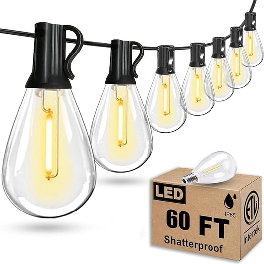 60FT Outdoor String Lights S11 LED Patio with 17 Plastic Bulbs(1 Spare), IP44 Waterproof Connectable Hanging Lights for Backyard Porch Balcony Party Decor