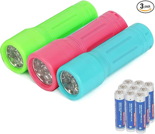 3 Pack 9-LED Mini Flashlight Bulk for Kids, Small Multicolor Flashlights with Lanyard, 9 AAA Batteries Included, for Hurricane Supplies Party Favors for Boys Girls