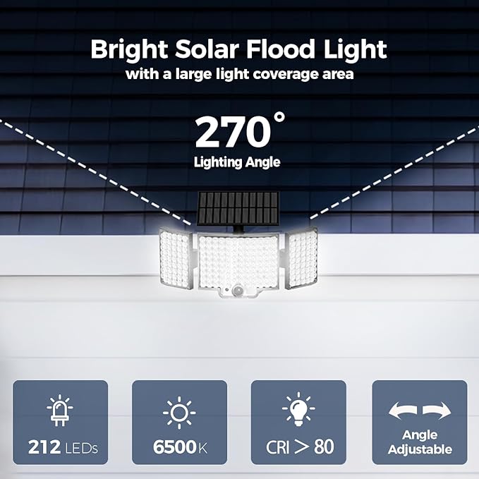 Adiding Solar Lights Outdoor, Bright 212 LEDs Flood Light 270° Wide Angle, Remote Control 3 Modes Motion Sensor Outdoor Lights, Solar Powered Security Light with 16.4 ft Cable for Garage Yard, 2 Pack