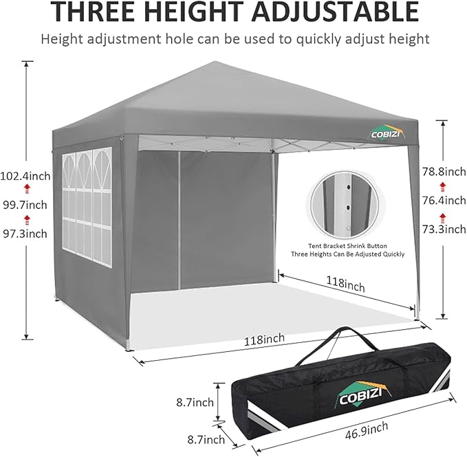 COBIZI 10x10 Pop Up Canopy Tent with 4 Removable Sidewalls, Easy Up Waterproof Sun Shade Tents for Parties Camping Exhibition, Commercial Event Gazebo with Carry Bag,8 Stakes & 4 Ropes (Gray