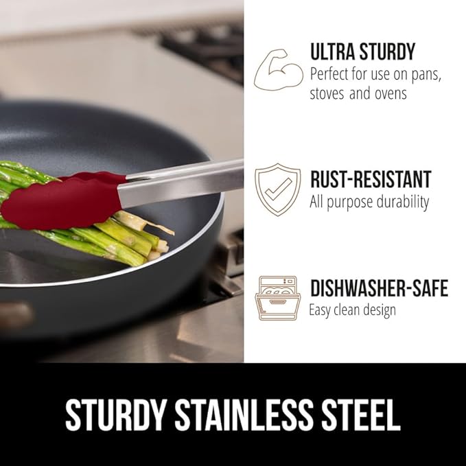 GORILLA GRIP Stainless Steel Heat Resistant Kitchen Tongs for Cooking, 9 + 12 Inch, Set of 2 BBQ Tong, Non Scratch Silicone Tip for Pan, Strong Grip, Grab Food, Toss Salad, Air Fryer, Pull Lock, Red