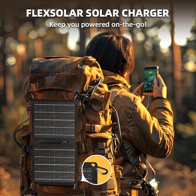FlexSolar 10W Portable Solar Chargers 5V USB Small Power Emergency ETFE Panels Foldable IP67 Waterproof Camping Hiking Backpacking for Phones Fans Flashlight Watches Small Power Banks Battery Packs