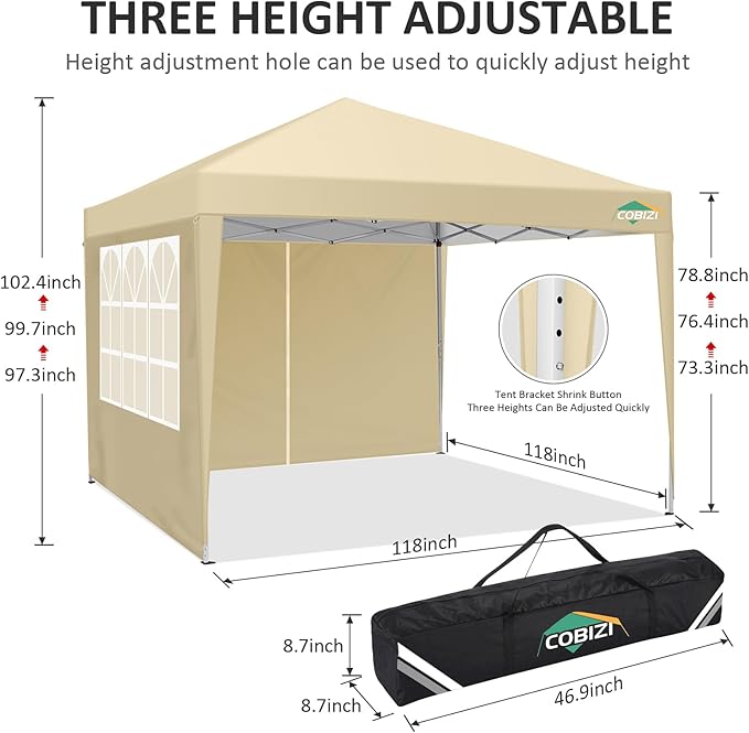 COBIZI 10x10 Pop Up Canopy Tent with 4 Sidewalls,10x10 Easy Up Waterproof Canopy Tents for Parties Camping Exhibition, Outdoor Easy Set U Gazebo Tent with Carry Bag,8 Stakes & 4 Ropes(Khaki