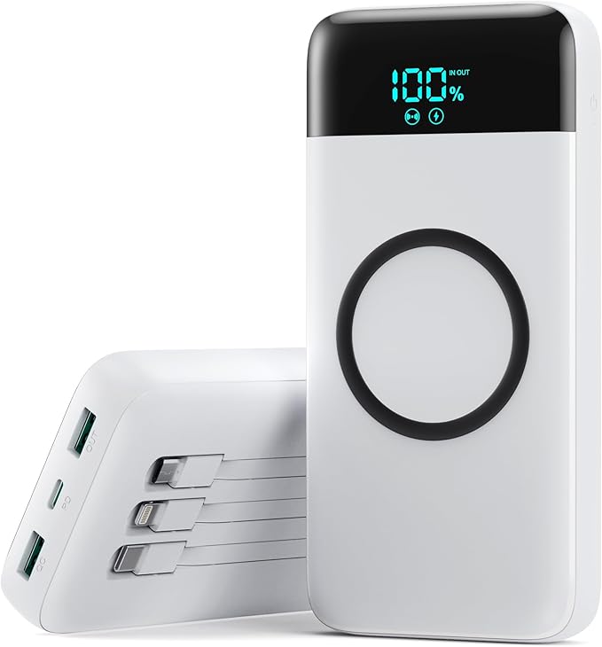 Wireless Portable Charger 40800mAh for iPhone with 3 Built-in Cables,7-in-1 15W Wireless Charging USB C Power Bank,LCD Display 25W PD QC 4.0 Fast Charging Battery Pack for iPhone 16/15/14/13/12 -White