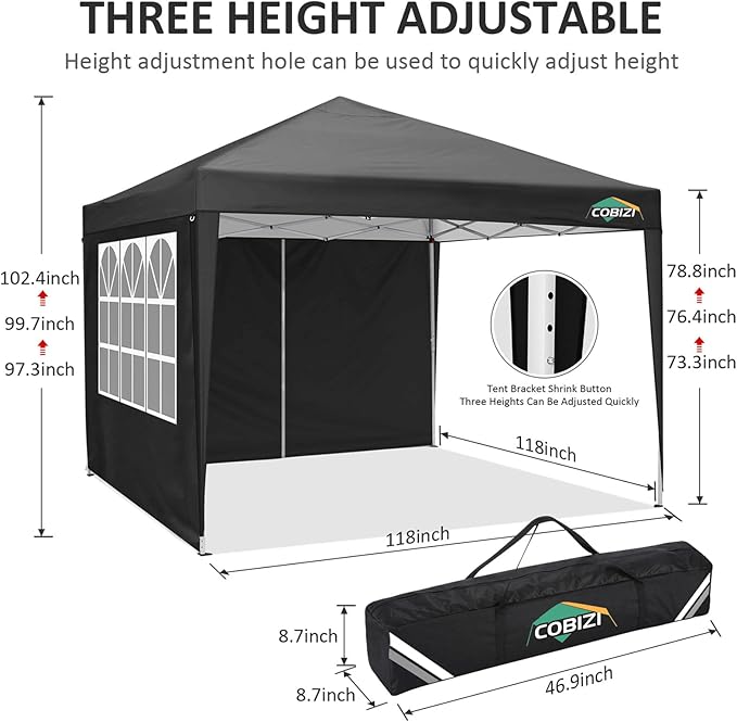 COBIZI 10x10 Pop Up Canopy Tent with 4 Sidewalls,10x10 Easy Up Waterproof Canopy Tents for Parties Camping Exhibition, Outdoor Easy Set U Gazebo Tent with Carry Bag,8 Stakes & 4 Ropes(Black