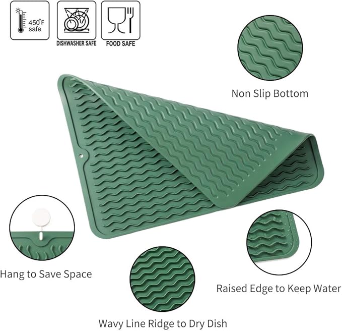 Silicone Dish Drying Mat for Multiple Usage,Easy clean,Eco-friendly,Heat-resistant Silicone Mat for Kitchen Counter or Sink,Refrigerator or drawer liner Green L 16 inches x 12 inches