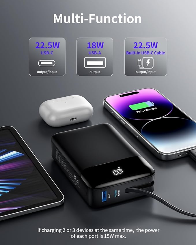 Power Bank,20000mAh 22.5W High-Speed Portable Phone Charger with Built-in USB-C Cable,PD 3.0+QC 3.0 Batterry Pack Compatible with iPhone 16/15/14 Series,Android,Switch,iPad,and More.