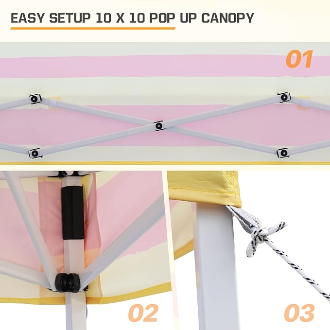 EAGLE PEAK 10x10 Slant Leg Pop-up Canopy Tent Easy One Person Setup Instant Outdoor Beach Canopy Folding Portable Sports Shelter 10x10 Base 8x8 Top (Orange Yellow Stripe)
