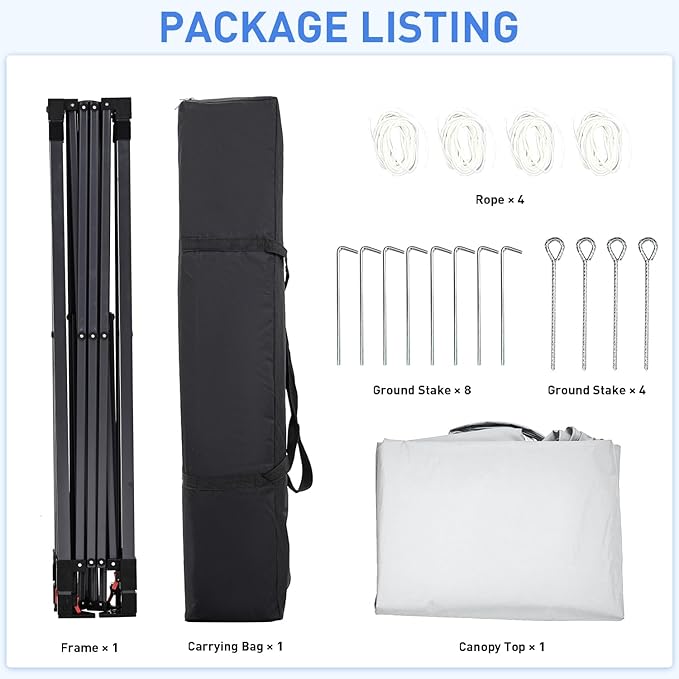 Pop Up Canopy, 10x10 FT Instant Outdoor Canopy Tent with Carrying Bag, 3 Adjustable Heights - Portable for Event, Parties, Camping and More Outdoor Activities