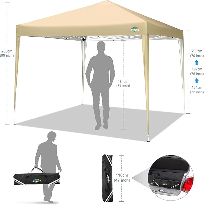 COBIZI 10x10 Pop Up Canopy Tent with 4 Sandbags, Easy Set Up Gazebo, Instant Outdoor Sun Shade &Waterproof Canopy with 8 Stakes,4 Ropes&Carry Bag, Tents for Parties, Beach, Backyard,Camping(Khaki