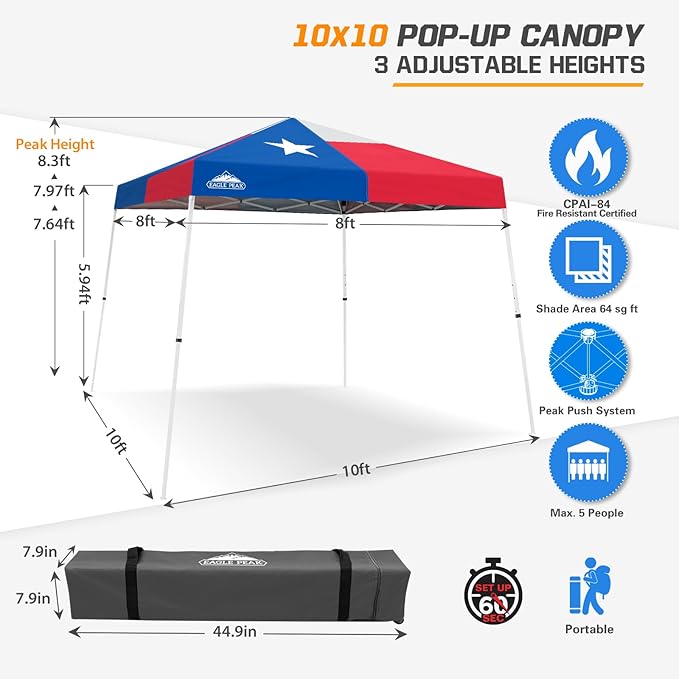 EAGLE PEAK 10x10 Slant Leg Pop-up Canopy Tent Easy One Person Setup Instant Outdoor Beach Canopy Folding Portable Sports Shelter 10x10 Base 8x8 Top (Texas Flag)