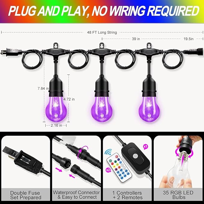 Auroraworld Outdoor Patio Lights Color Changing,48FT RGB LED String Lights with E26 Shatterproof Edison Bulbs, Dimmable Patio String Lights for Bistro Backyard Garden, 1 Remote Controllers