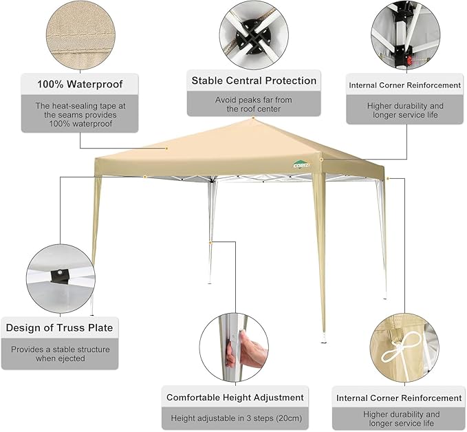 COBIZI 10x10 Pop Up Canopy Tent with 4 Sandbags, Easy Set Up Gazebo, Instant Outdoor Sun Shade &Waterproof Canopy with 8 Stakes,4 Ropes&Carry Bag, Tents for Parties, Beach, Backyard,Camping(Khaki
