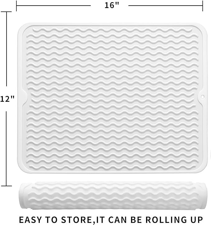 Silicone Dish Drying Mat for Multiple Usage,Easy clean,Eco-friendly,Heat-resistant Silicone Mat for Kitchen Counter or Sink,Refrigerator or drawer liner White L 16 inches x 12 inches
