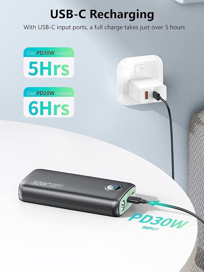 Portable Charger-Output Input USB C Fast Charging LED Display SCP22.5W PD 30W QC4.0 Power Bank, Flashlight External Battery Pack for iPhone, Xiaomi, LG, and More (Black-Cyan)