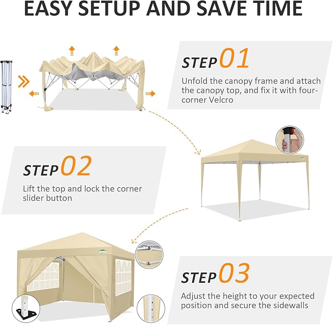 COBIZI 10x10 Pop Up Canopy Tent with 4 Sidewalls,10x10 Easy Up Waterproof Canopy Tents for Parties Camping Exhibition, Outdoor Easy Set U Gazebo Tent with Carry Bag,8 Stakes & 4 Ropes(Khaki