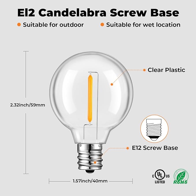 70 Pack LED G40 Replacement Bulbs for String Lights, Shatterproof Plastic Globe Bulb for Indoor Outdoor Patio Decor, E12 Candelabra Socket Base, Warm White
