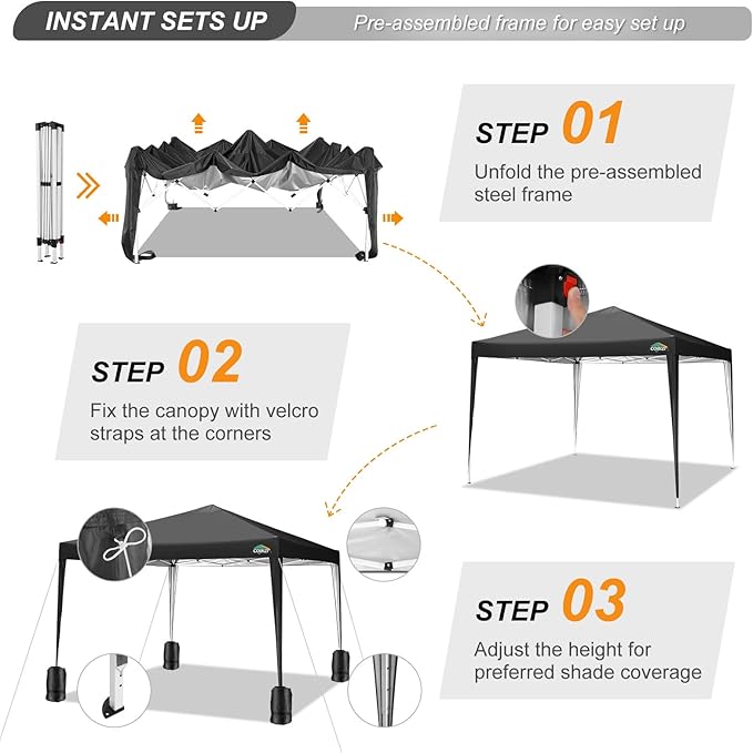 COBIZI 10x10 Pop Up Canopy Tent with 4 Sandbags, Easy Set Up Tent, Instant Outdoor Sun Shelter Canopy with 8 Stakes,4 Ropes&Carry Bag, Tents for Parties, Beach, Backyard,Camping(Black