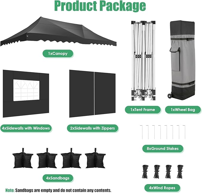 HOTEEL 10x20 Pop up Canopy Tent with 6 Removable Sidewalls, Wave Hem Roof 10x20 Canopy with Wheel Bag and 4 Sandbag, Commercial Pop up Tent Waterproof Sunshade for Wedding Party Stall(Black)