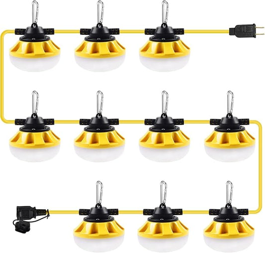 100FT LED Construction String Lights 10 Bulbs,10000LM,Industrial Grade,Weatherproof, Linkable 5000K Super Bright for Job Sites, Mining, Patios & Outdoor Work,Free for Climbing Hook 2Prong