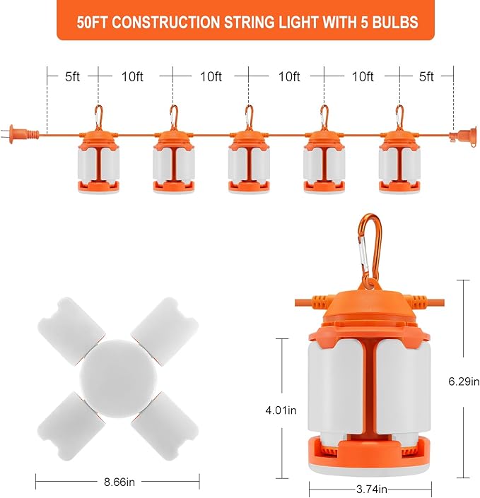 50ft Construction String Lights, 150W LED Industrial Grade 15000LM Super Bright Work String Lights for Construction Sites, Temporary Work, Job site, Indoor and Outdoor Lighting (50ft)