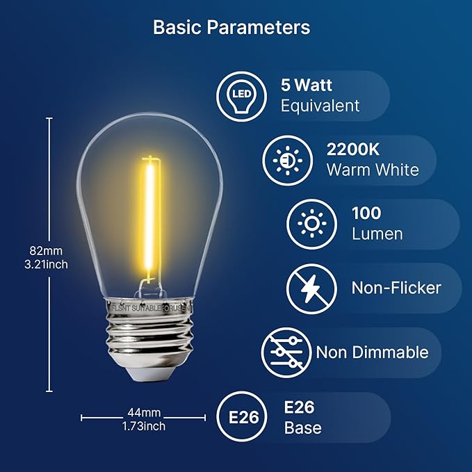 FLSNT 30 Pack LED S14 Replacement Bulbs for String Light, Outdoor LED Light Bulbs, E26 Base, 2200K Warm White, Non-Dimmable