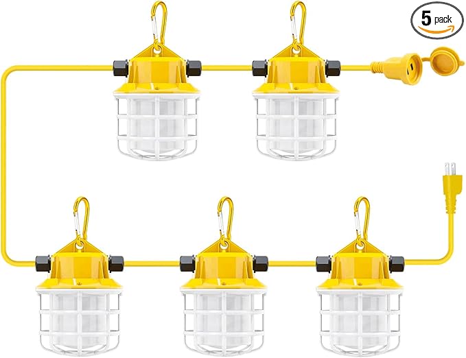 50ft LED Construction String Lights, 75W 7500LM Industrial Grade Super Bright String Work Lights for Construction Sites, Temporary Work, Renovation, Jobsite, and all outdoor lighting(50ft-5lights)