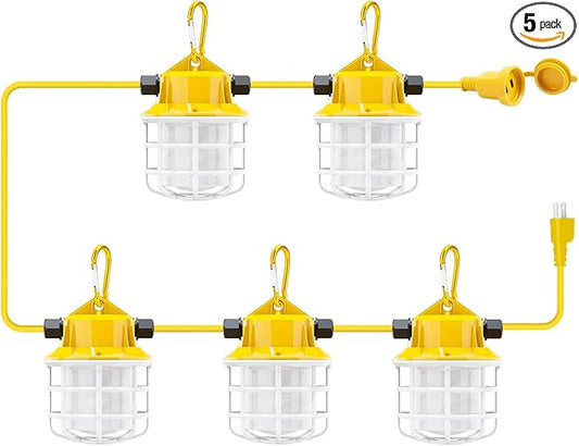 50ft LED Construction String Lights, 75W 7500LM Industrial Grade Super Bright String Work Lights for Construction Sites, Temporary Work, Renovation, Jobsite, and all outdoor lighting(50ft-5lights)