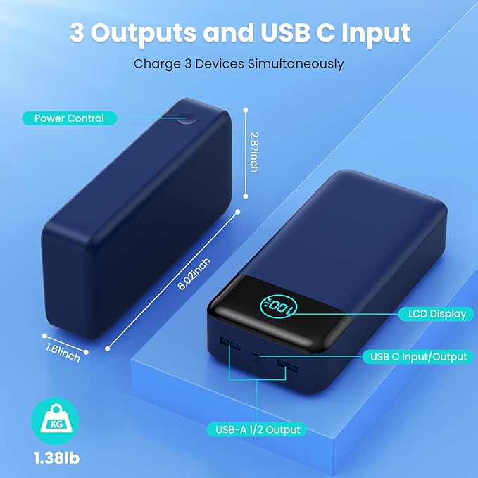 Portable Charger 50800mAh Power Bank,25W PD QC 4.0 USB C Fast Charging External Battery Pack,3 Output LCD Display Portable Cellphone Charger Compatible with iPhone 16/15/14/13/12,Samsung,Android-Blue