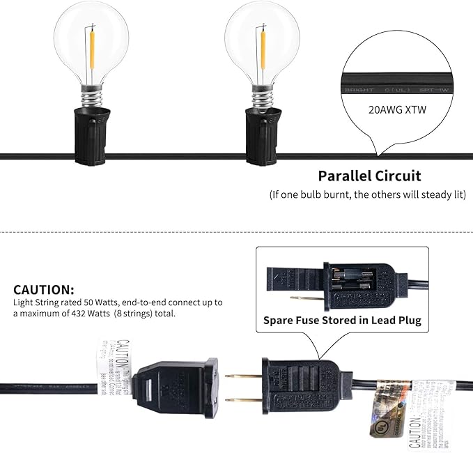 Brightown Led String Lights Outdoor 50Feet G40 Patio Lights with 52 Led Shatterproof Bulbs(2 Spare), Waterproof Led Globe Hanging Lights for Backyard Porch Bistro Balcony Decor, E12 Socket, 2200K