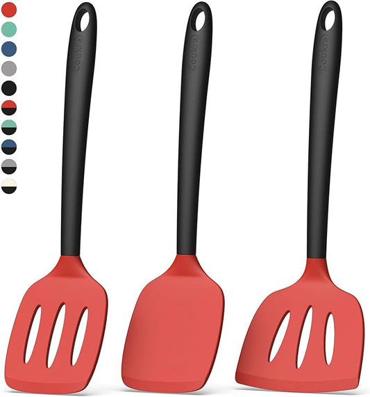 Coukre Silicone Spatula Set of 3, High Heat Resistant, BPA-Free, Kitchen Utensils, Fish Spatula, Solid & Slotted Turner for Non-Stick Pans, Flipping Eggs, Pancakes, Fish, Burgers (3, Red)