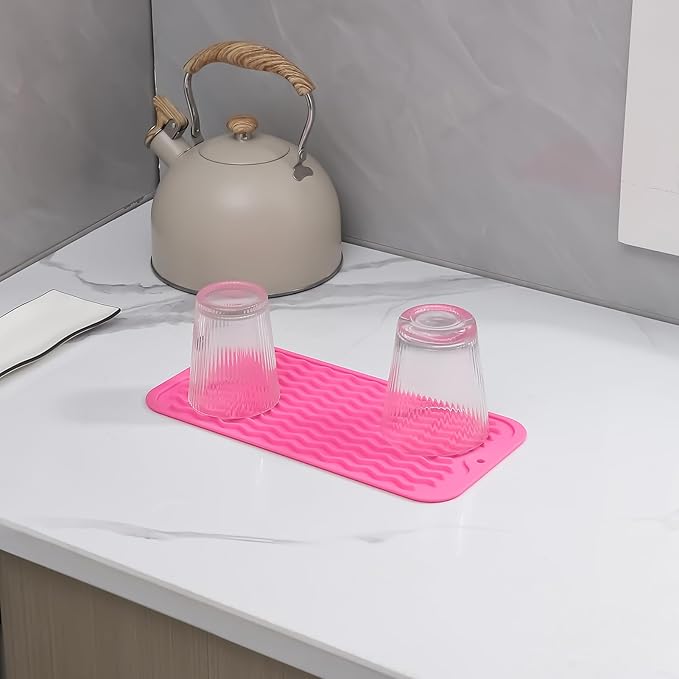 Silicone Dish Drying Mat for Multiple Usage,Easy clean,Eco-friendly,Heat-resistant Silicone Mat for Kitchen Counter or Sink,Refrigerator or Drawer Liner Rose S 12 inches x 6 inches