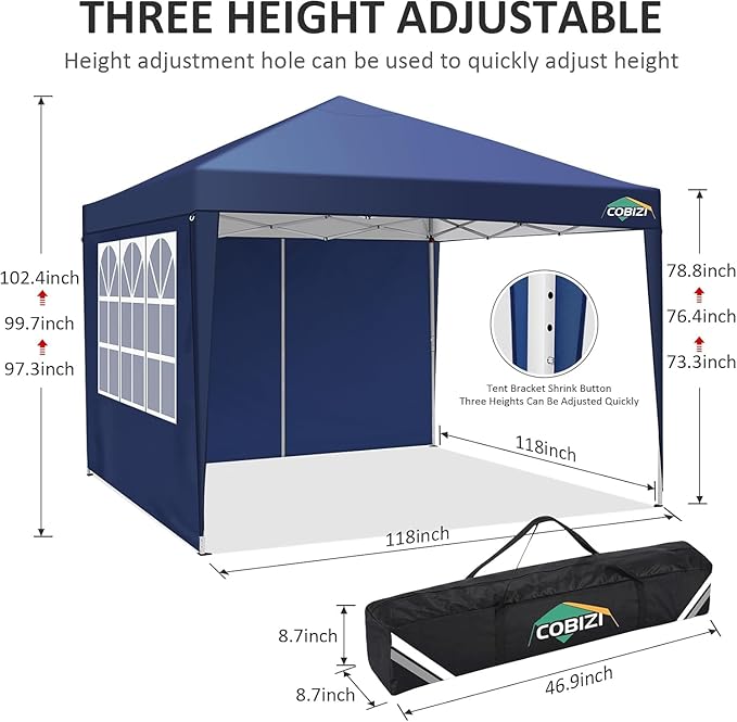 COBIZI 10x10 Pop Up Canopy Tent with 4 Removable Sidewalls, Easy Up Waterproof Sun Shade Tents for Parties Camping Exhibition, Commercial Event Gazebo with Carry Bag,8 Stakes & 4 Ropes (Navy Blue