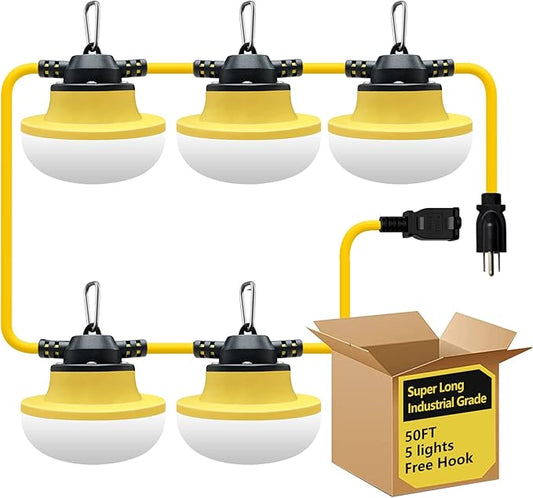 New Upgrade 50FT Construction String Lights LED Industrial Grade Best for Construction Sites,Renovation, Walkways,Patio,Mine cave,Outdoor Lighting Solutions Use,Free for Climbing Hook 3Prong