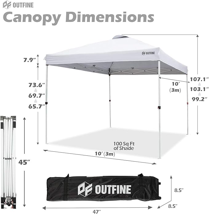 OUTFINE Pop-up Canopy 10x10 Patio Tent Instant Gazebo with Wheeled Bag, Sandbags x4, Tent Stakes x8 (Light White, 10 * 10FT)