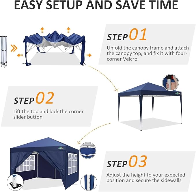 COBIZI 10x10 Pop Up Canopy Tent with 4 Removable Sidewalls, Easy Up Waterproof Sun Shade Tents for Parties Camping Exhibition, Commercial Event Gazebo with Carry Bag,8 Stakes & 4 Ropes (Navy Blue