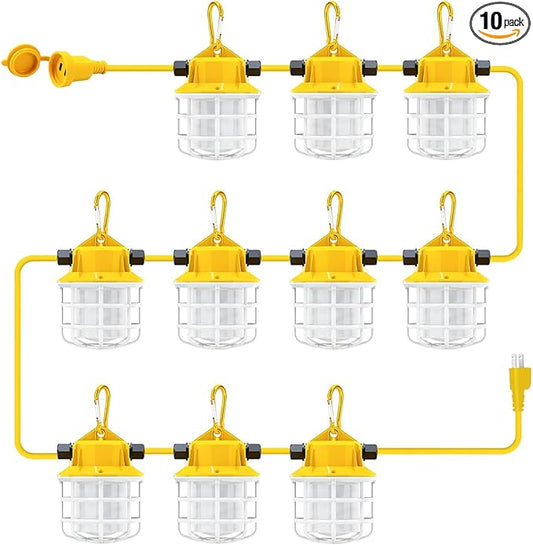 100ft LED Construction String Lights, 150W 15000LM Super Bright LED String Work Light, Construction Temporary Lights Apply to Renovation, Courtyard, Jobsite, and All Outdoor Lighting (100ft-10lights)