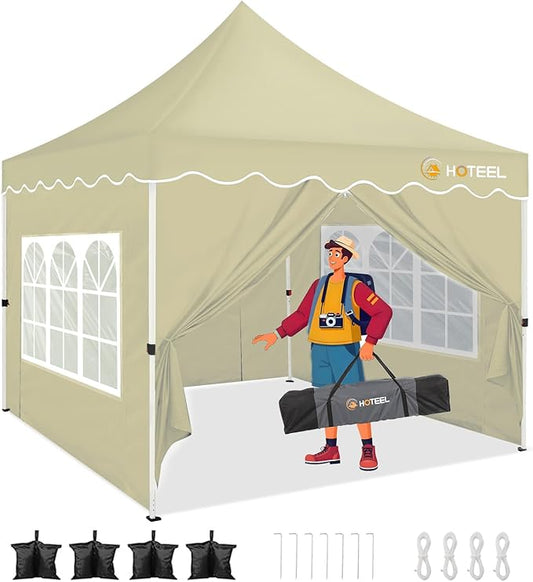 HOTEEL 10×10 Pop Up Canopy with 4 Sidewalls, UV 50+ and Waterproof Canopy Tent 10×10, Thickened Frame, Large Space Easy Pop Up Canopy, Outdoor Canopy for Weddings, Beaches, Parties, Patio (Khaki)