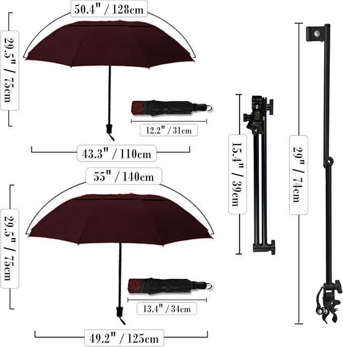 UPF 50+ Golf Umbrella with Adjustable Universal Clamp, Portable Umbrellas for Rain, Manual Open & Close, for Beach Chair, Golf Cart, Stroller, Bleacher, Patio