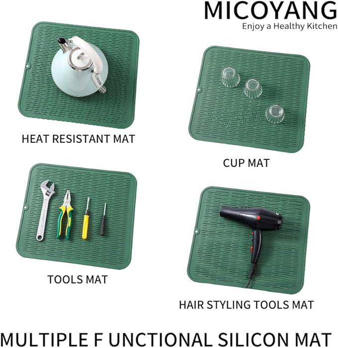 Silicone Dish Drying Mat for Multiple Usage,Easy clean,Eco-friendly,Heat-resistant Silicone Mat for Kitchen Counter or Sink,Refrigerator or Drawer Liner Green 2XL 24 inches x 18 inches