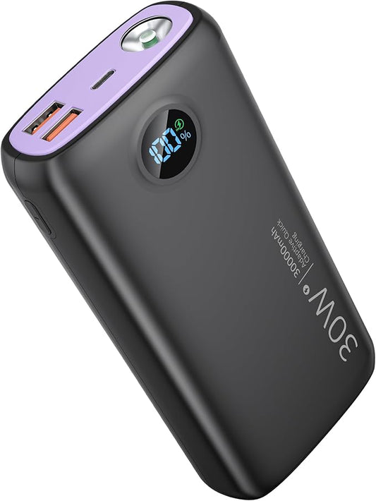 Portable Charger-Output Input USB C Fast Charging LED Display SCP22.5W PD 30W QC4.0 Power Bank, Flashlight External Battery Pack for iPhone, Xiaomi, LG, and More (Black-Purple)